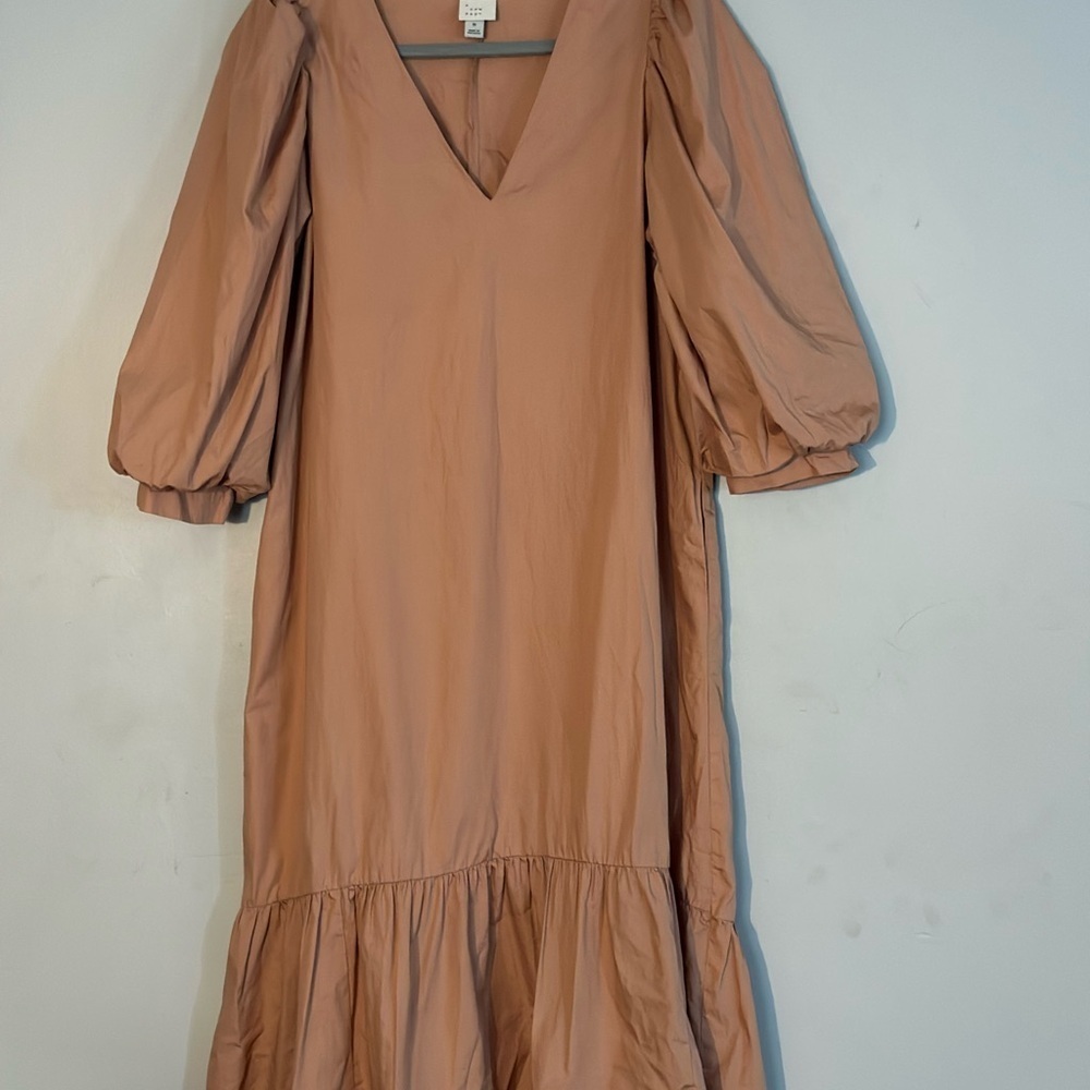 A New Day tan puff sleeve Vneck ruffled bottom prairie midi dress - Picture 2 of 3